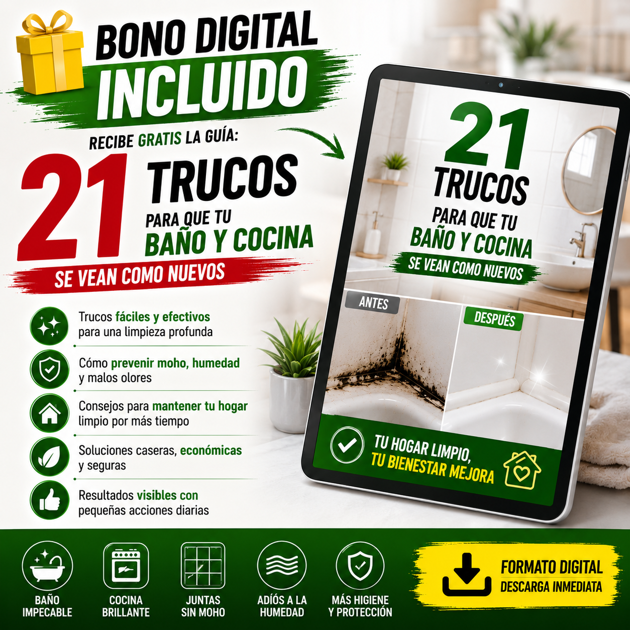 QuitaMoho™ 2x1 – Gel Removedor de Moho para Baño y Cocina+ 🎁 “21 Trucos para que tu Baño y Cocina se Vean Como Nuevos” + Envío Gratis