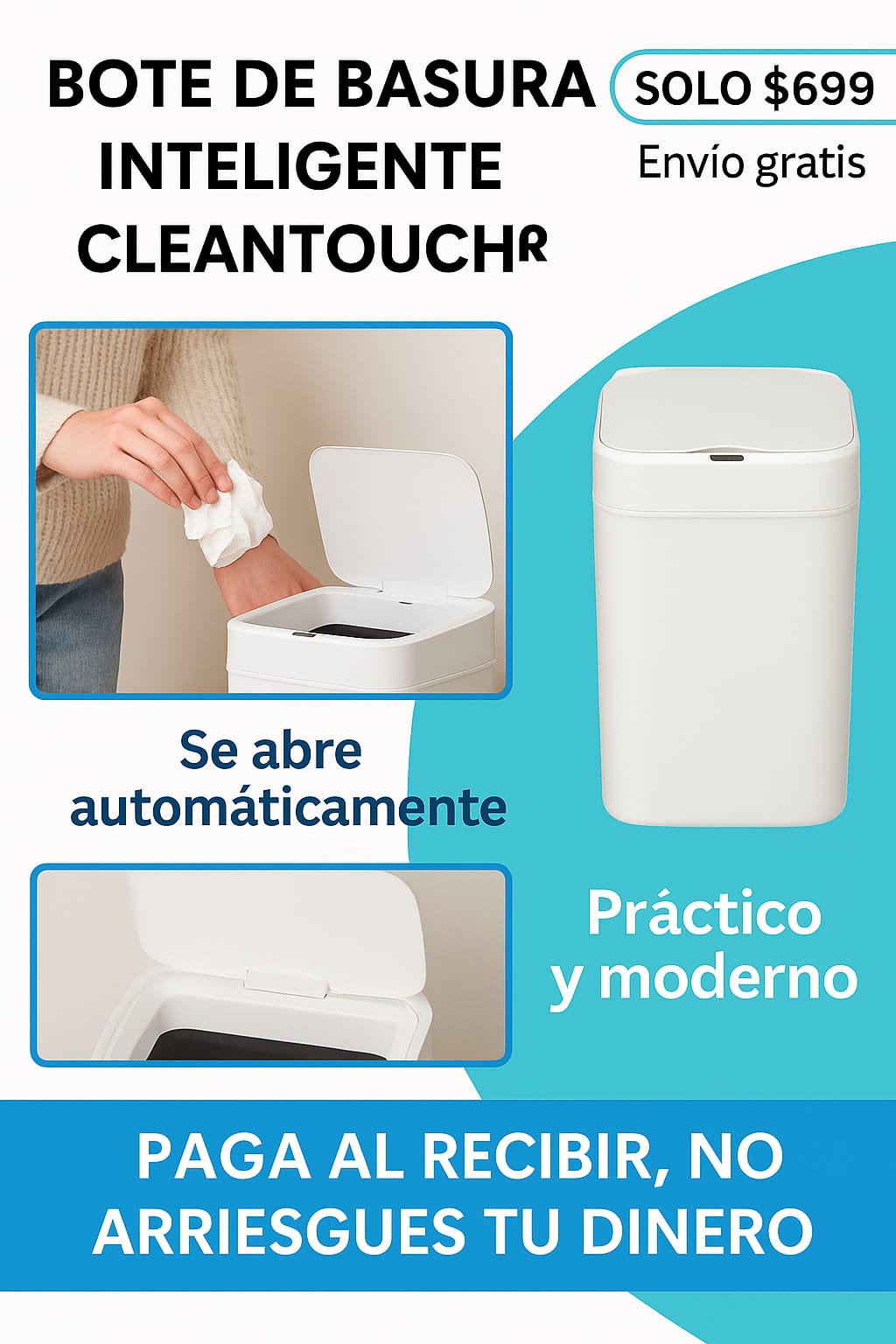 👑 Bote Inteligente CleanTouch: ✨ Elegancia Inteligente que elimina el contacto, 🧼 Suciedad y 💨 Malos Olores