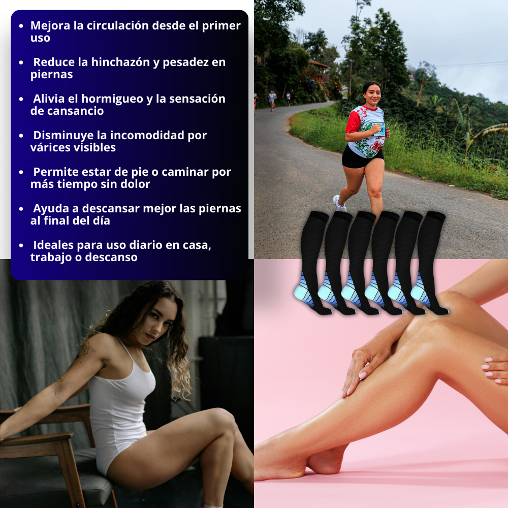 Pack x6 Pares – Calcetas de Compresión para Aliviar Várices y Mejorar la Circulación | Piernas Más Ligeras, Menos Hinchazón y Mayor Descanso Diario + 🎁 Manual de Ejercicios para Activar la Circulación + Envío Gratis + 🇫🇷 TECNOLOGIA FRANCESA 🇫🇷