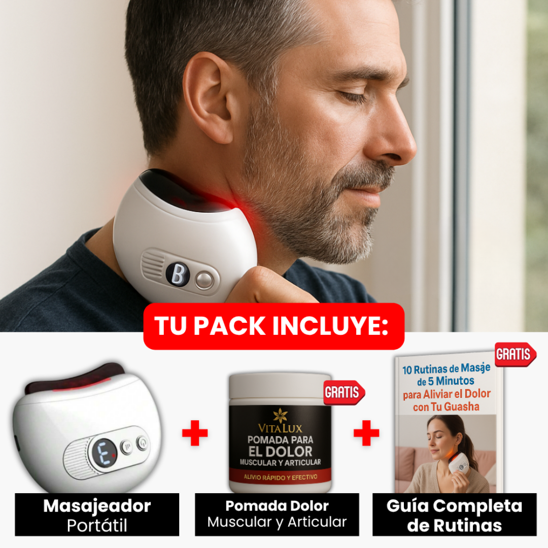 Pack 2 en 1: Masajeador Térmico Portátil Alivia Dolor Muscular, Contracturas y Estrés + 🎁 1 Pomada para Dolor Muscular y Articular + Guía “10 Rutinas de Masaje de 5 Minutos para Aliviar Dolor y Tensión con tu GuaSha”+ Envío Gratis