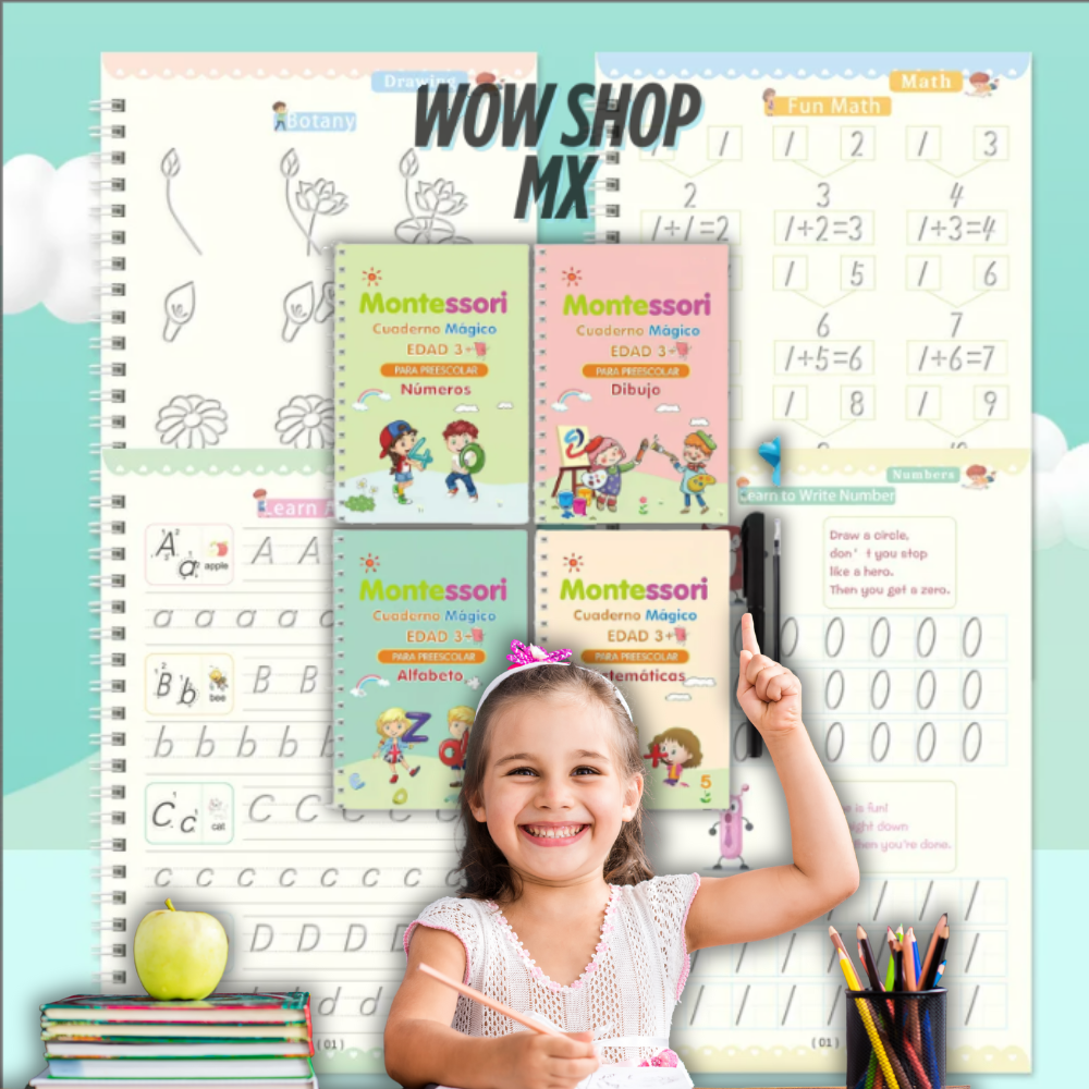 Kit 4 Libros de Caligrafía Reutilizable MagicWrite™ + Corrector de escritura✍️ | Estimula la Creatividad de tus Hijos + 🎁 Guía “21 Actividades para Desconectar a tus Hijos de las Pantallas y Potenciar su Creatividad”+ Envío Gratis