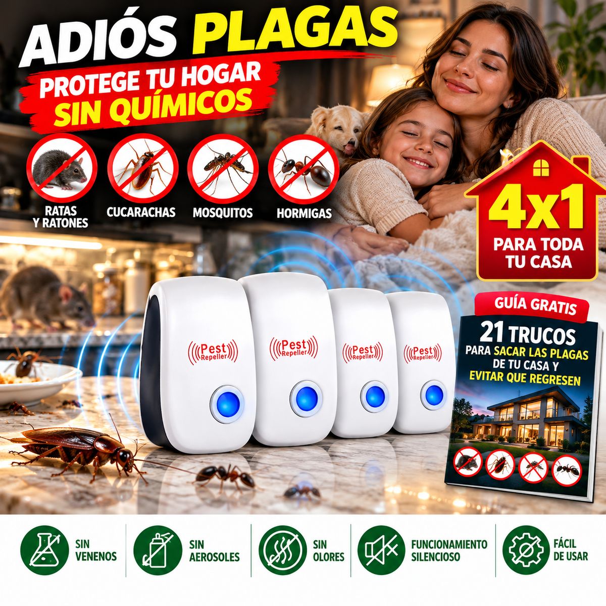 4x1 Repelente Ultrasónico Anti Plagas™ |Para Ratas, Ratones, Cucarachas y Mosquitos +  🎁 Guía “21 Trucos para un Hogar Limpio y Seguro" + Envío GRATIS”