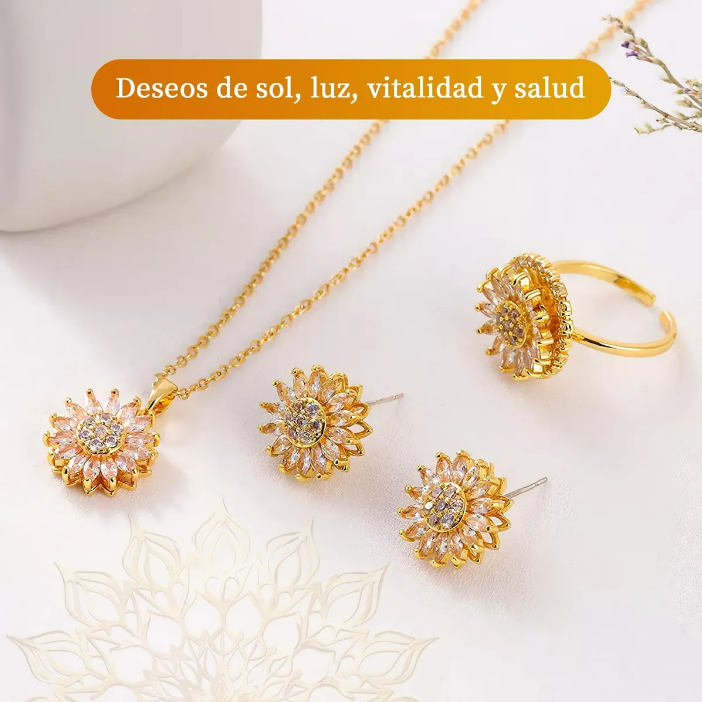 Set 3 en 1 Girasol Oro Laminado 18K (Collar + Anillo + Aretes) | Regalo especial para ELLA + 🎁 GUÍA “25 Secretos para Hacerla Más Feliz” GRATIS + Envío Gratis