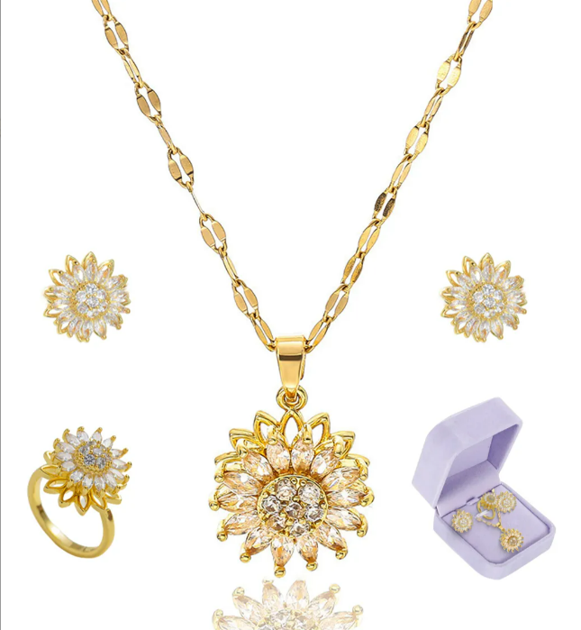 Set 3 en 1 Girasol Oro Laminado 18K (Collar + Anillo + Aretes) | Regalo especial para ELLA + 🎁 GUÍA “25 Secretos para Hacerla Más Feliz” GRATIS + Envío Gratis
