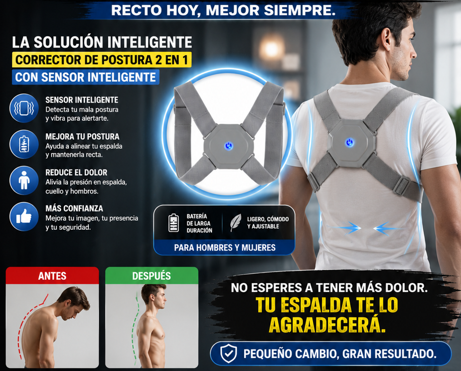 2 en 1 Corrector de Postura Inteligente™ con Sensor | Corrige tu Espalda, Reduce la Mala Postura y Luce Más Seguro + 🎁 Guía "21 Ejercicios para una Espalda Fuerte y una Mejor Postura"+ Envío Gratis