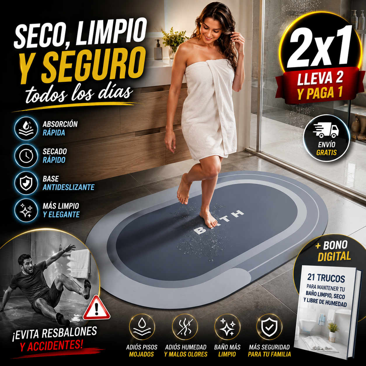 2x1 DryStep™ - Alfombra Absorbente de Secado Rápido + 🎁 Guía Digital "21 Trucos para Mantener tu Baño Limpio, Seco y Libre de Humedad" GRATIS + Envío Gratis