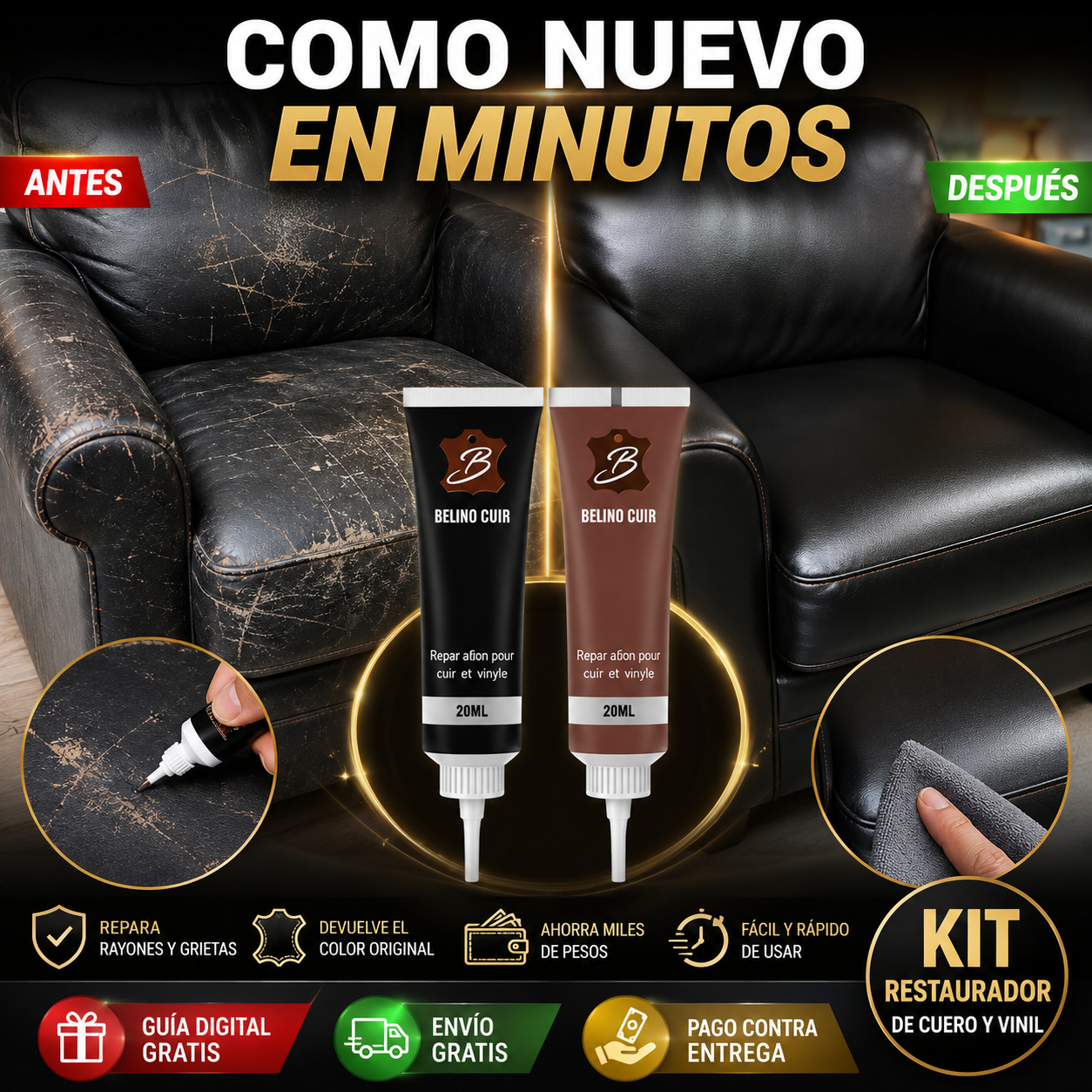 Kit Repair Pro™ - Restaurador de Cuero y Vinil | Repara Rayones, Grietas y Desgaste en Minutos | + 🎁 "21 Trucos para Restaurar y Cuidar Tu Casa como un Profesional" + Envío Gratis