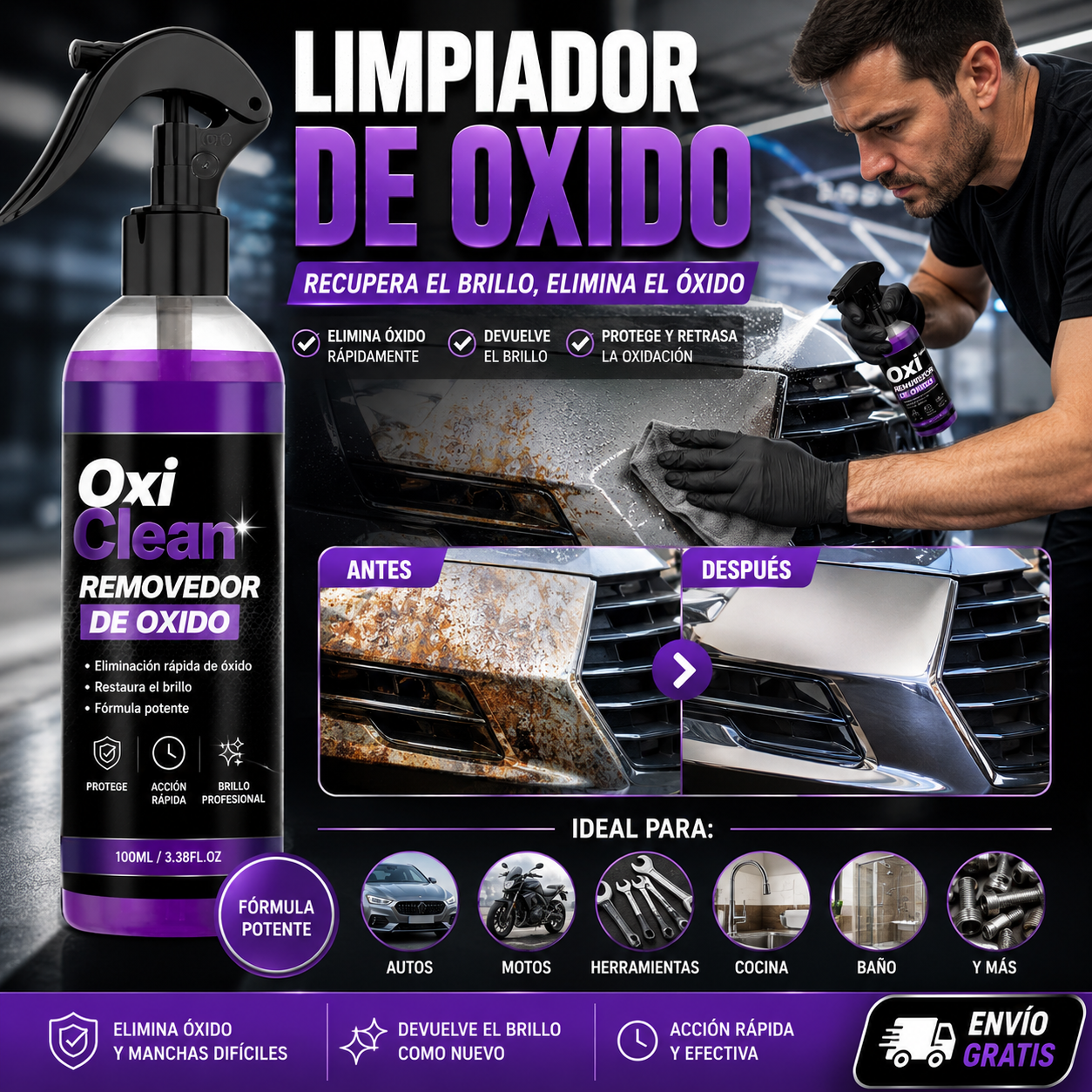 OxiClean™ – Removedor de Óxido y Contaminación Metálica | Recupera el Brillo de Autos, Cocina, Baño y Acero en Minutos | + 🎁 Guía “7 Trucos para Revivir Superficies Oxidadas” + Envío Gratis