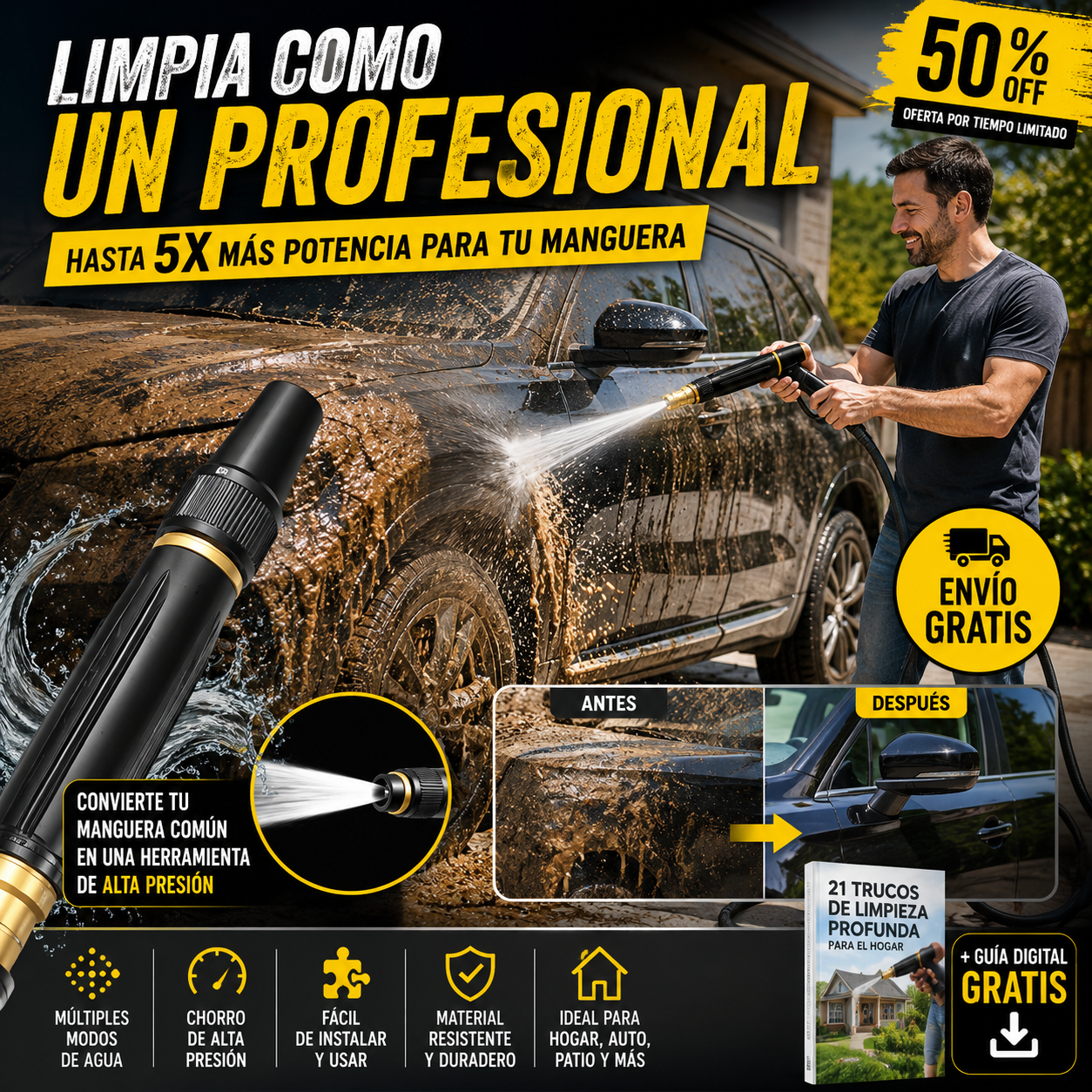 HydroJet Pro™ – Boquilla de Agua para Manguera 5 Veces Más Presión | Patios, Autos y Fachadas + 🎁 Guía Digital "21 Trucos de Limpieza Profunda para el Hogar" GRATIS + Envío Gratis