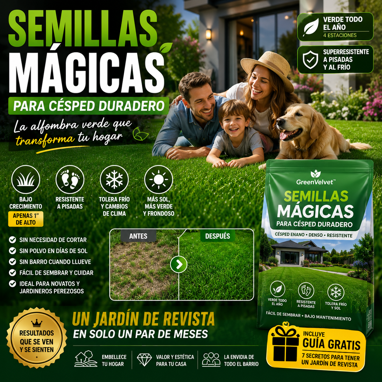 Semillas Mágicas GreenVelvet™ – para un Césped Verde, Tupido y Duradero + 🎁 Guía “7 Secretos para Tener un Jardín de Revista”+ Envío Gratis