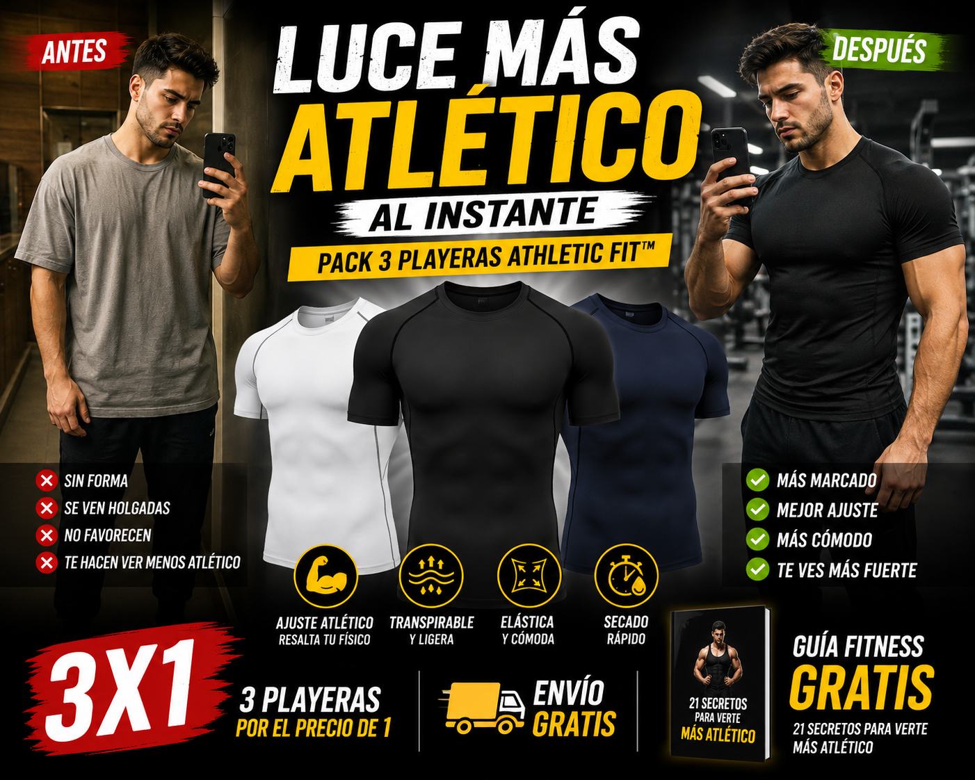 Pack 3 Playeras Athletic Fit™ | Ajuste Atlético, Transpirables y Cómodas + 🎁 Guía Fitness GRATIS