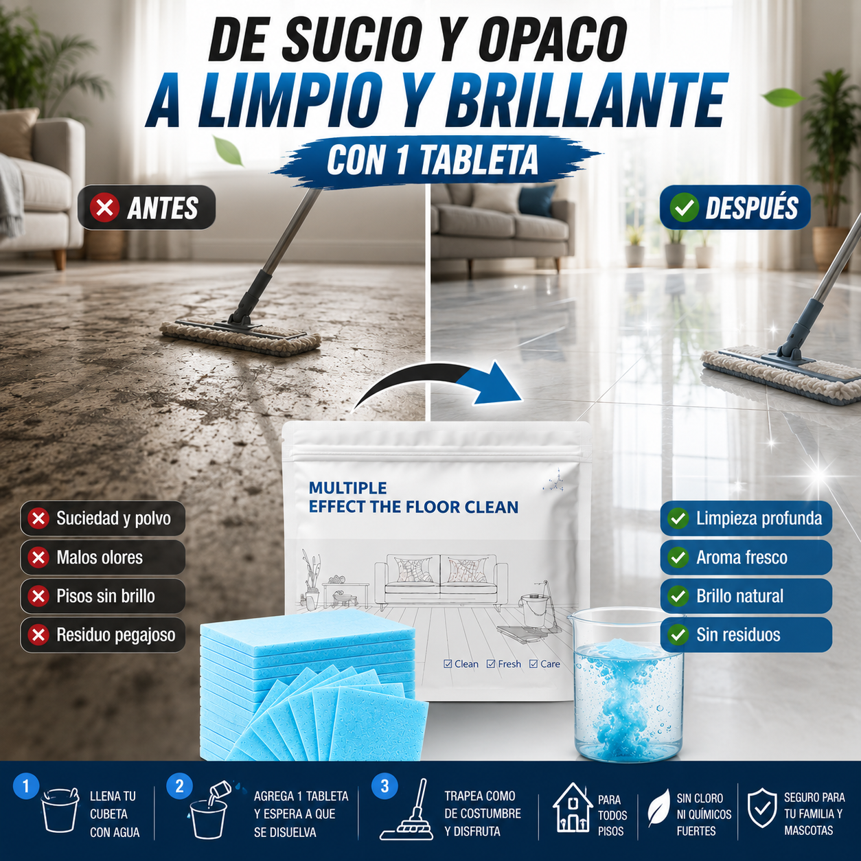 Pack 100 FloorTabs™ Tabletas Concentradas para Trapear Brillo Inmediato + 🎁Guía 25 secretos de limpieza profunda anti bacterias y virus + Envío Gratis