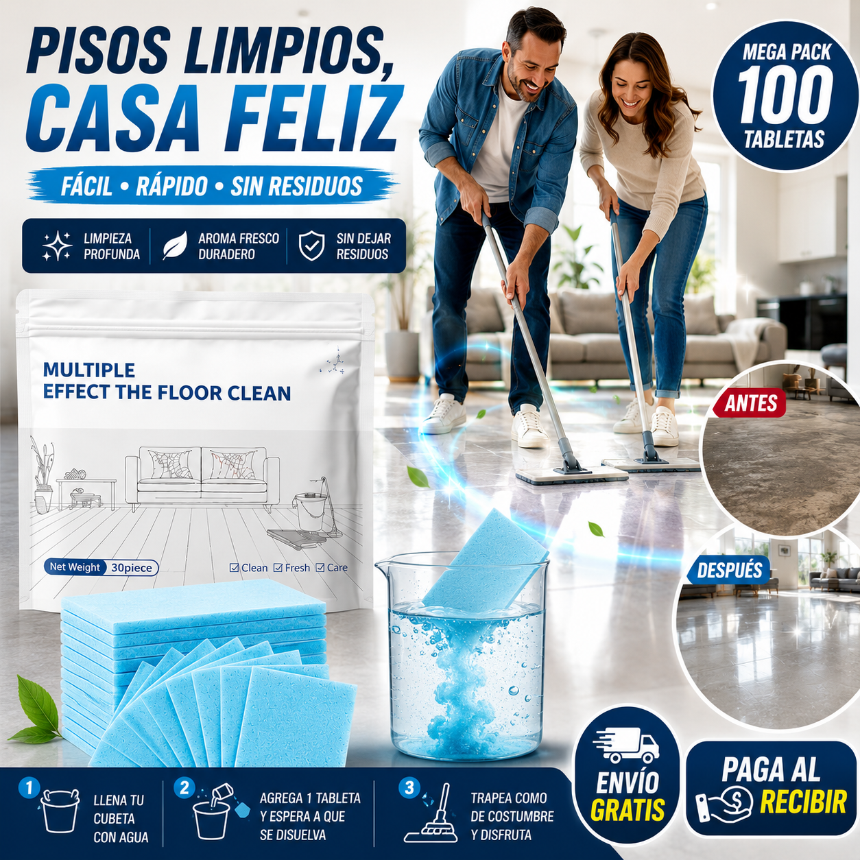 Pack 100 FloorTabs™ Tabletas Concentradas para Trapear Brillo Inmediato + 🎁Guía 25 secretos de limpieza profunda anti bacterias y virus + Envío Gratis