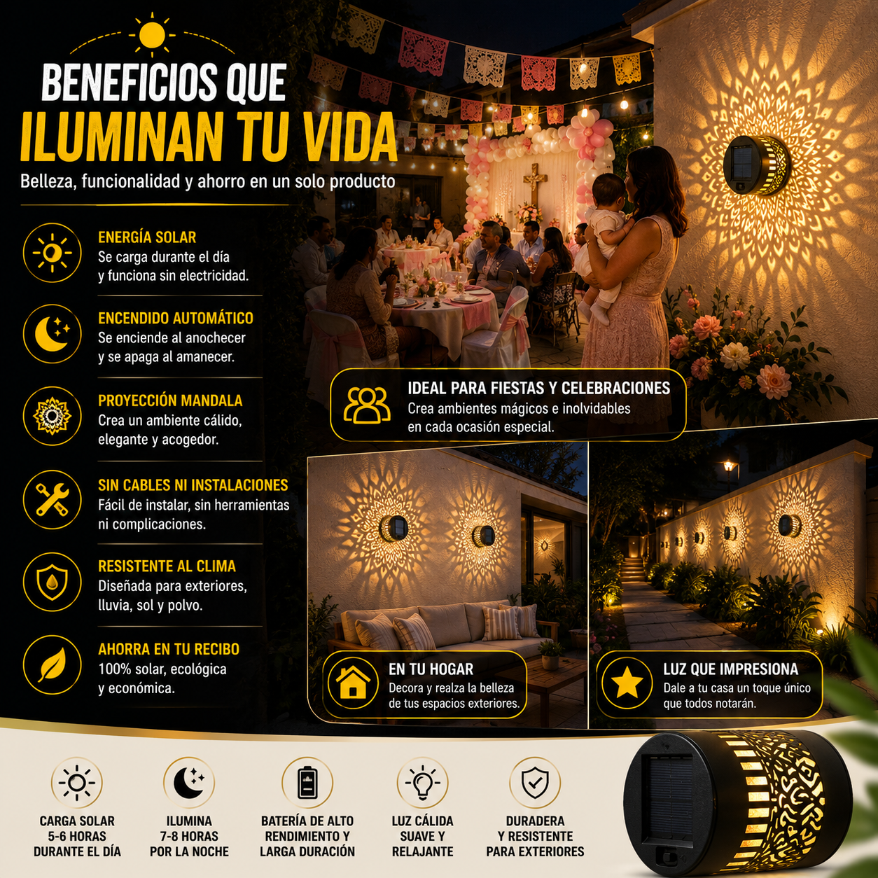 LumiMandala™ Lámpara Solar Decorativa de Proyección Mandala + 🎁 Guía "21 Ideas para Iluminar tu Hogar con Estilo" + Envío Gratis