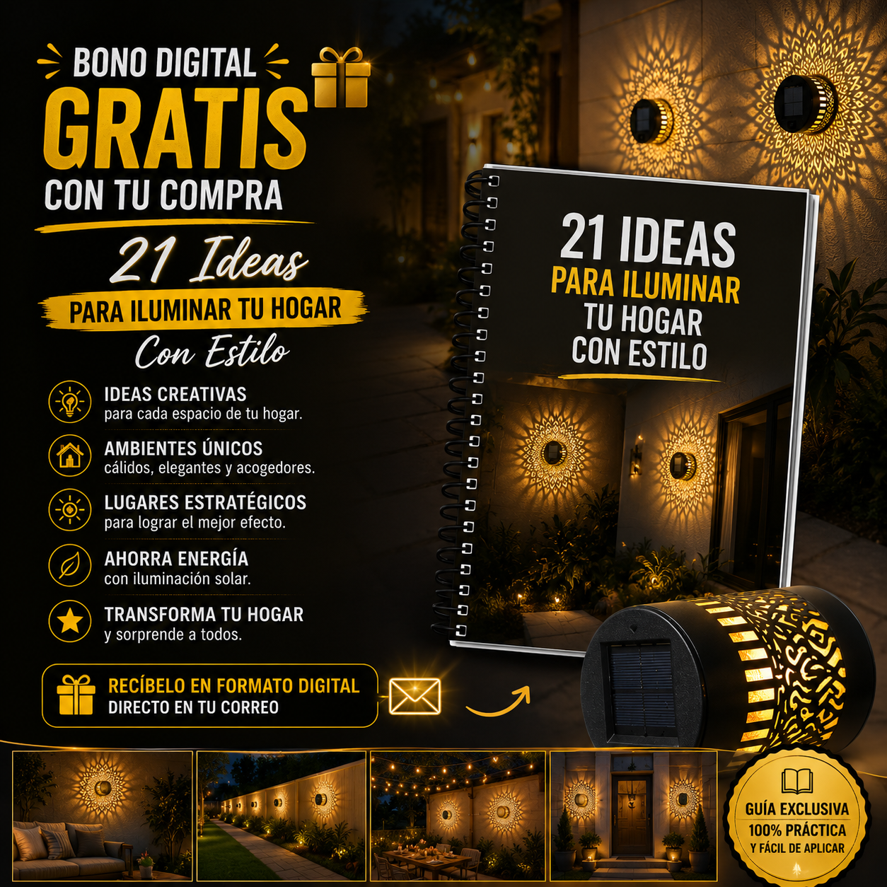 LumiMandala™ Lámpara Solar Decorativa de Proyección Mandala + 🎁 Guía "21 Ideas para Iluminar tu Hogar con Estilo" + Envío Gratis