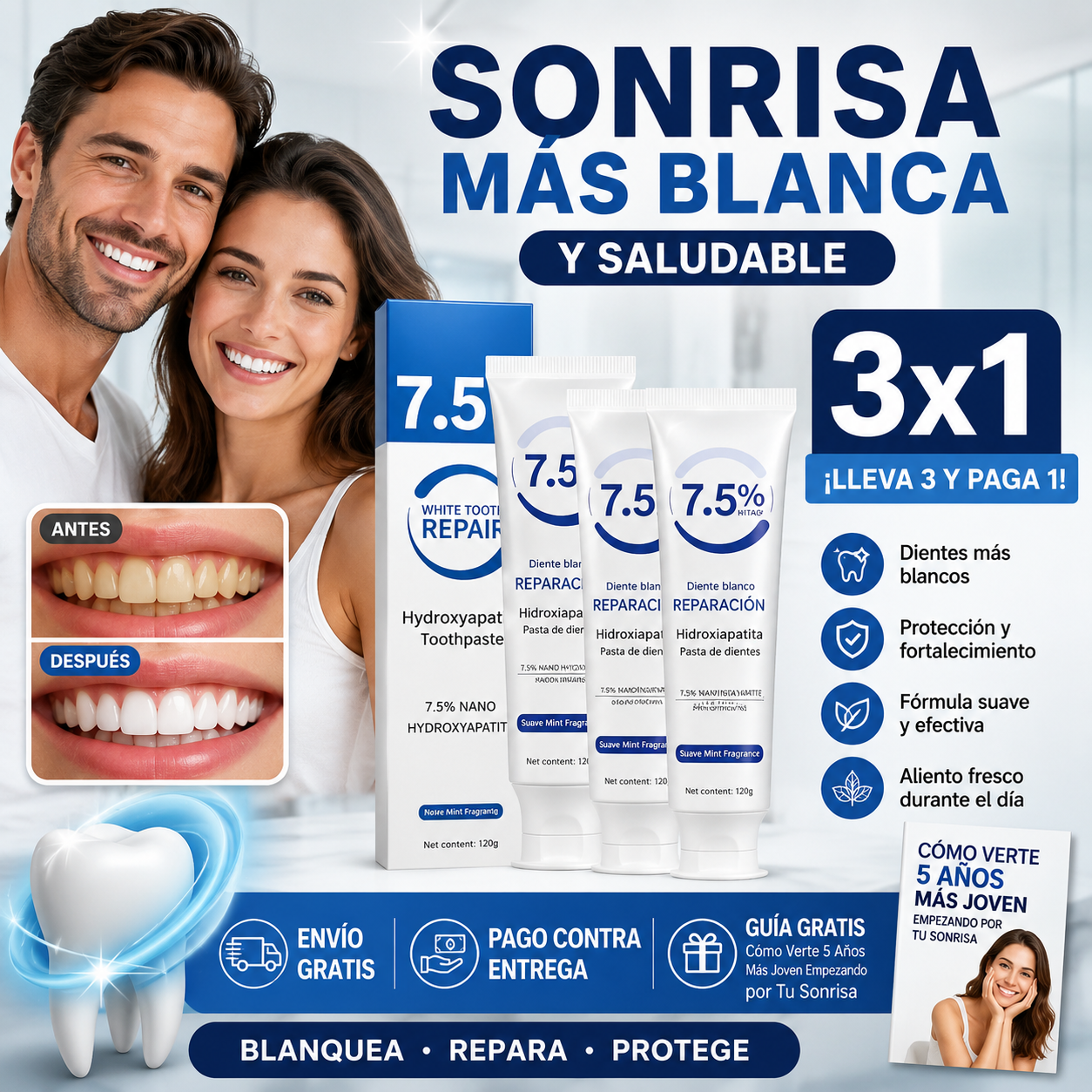 3x1 Pasta Dental Blanqueadora con Hidroxiapatita™ | Sonrisa Más Blanca y Brillante  + 🎁 Guía "Cómo Verte 5 Años Más Joven Empezando por Tu Sonrisa" + Envío Gratis