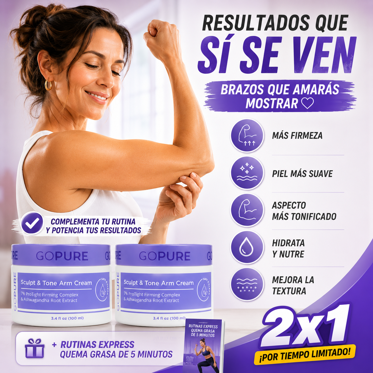 2x1 Sculpt & Tone™ Crema Reafirmante y Tonificante para Brazos Flacidez y Firmeza + 🎁 “Rutinas Express Quema Grasa de 5 Minutos” + Envío Gratis