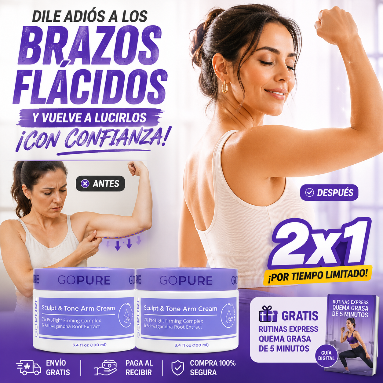 2x1 Sculpt & Tone™ Crema Reafirmante y Tonificante para Brazos Flacidez y Firmeza + 🎁 “Rutinas Express Quema Grasa de 5 Minutos” + Envío Gratis