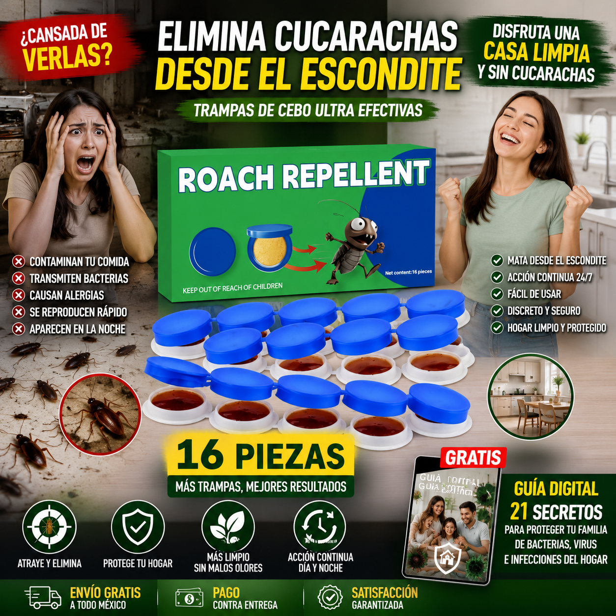 RoachStop™ 16 Piezas – Trampas Mata Cucarachas para Cocina y Hogar + 🎁 “21 Secretos para Proteger tu Familia de Bacterias y Virus del Hogar”+ Envío Gratis