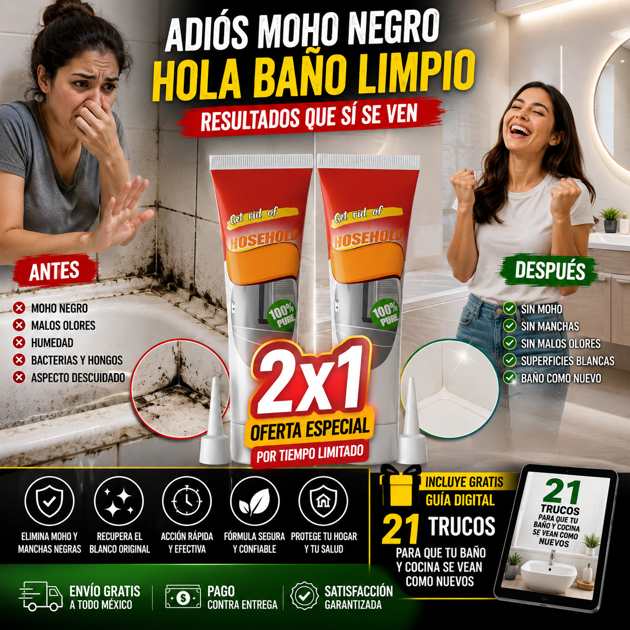 QuitaMoho™ 2x1 – Gel Removedor de Moho para Baño y Cocina+ 🎁 “21 Trucos para que tu Baño y Cocina se Vean Como Nuevos” + Envío Gratis