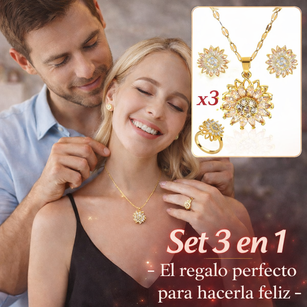 Set 3 en 1 Girasol Oro Laminado 18K (Collar + Anillo + Aretes) | Regalo especial para ELLA + 🎁 GUÍA “25 Secretos para Hacerla Más Feliz” GRATIS + Envío Gratis