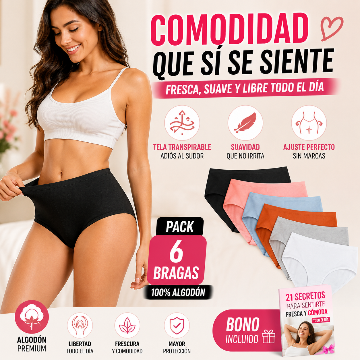 Pack 6 Bragas de Algodón de Cintura Alta | Frescura, Comodidad y Suavidad Todo el Día | + 🎁 “21 Secretos para Sentirte Fresca y Cómoda Todo el Día” + Envío Gratis