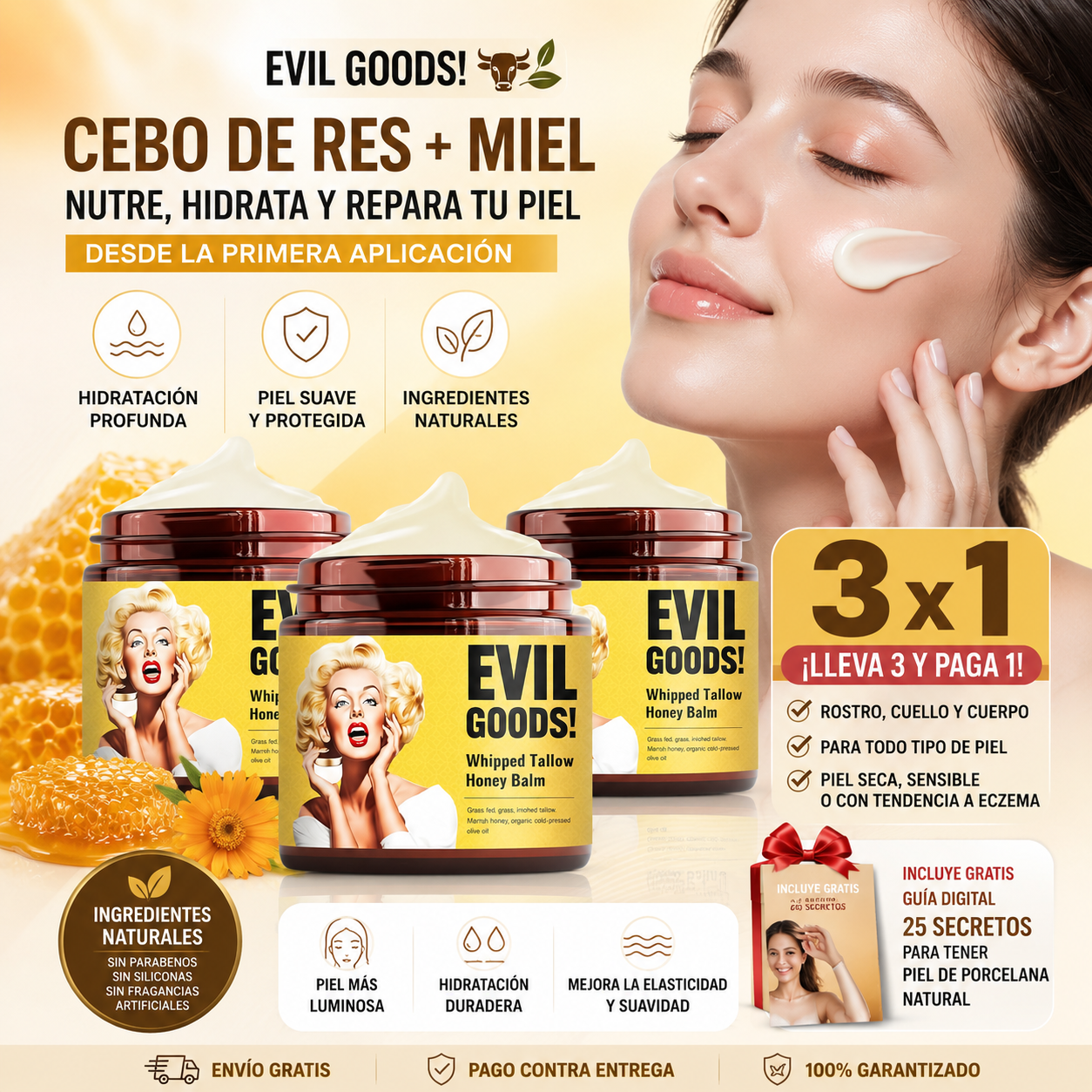Evil Goods™ 3x1 – Crema Nutritiva de Cebo de Res y Miel para Rostro y Cuerpo + 🎁 “25 Secretos para Tener Piel de Porcelana Natural”+ Envío Gratis