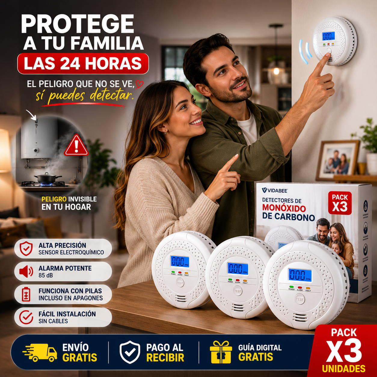 Pack x3 Detectores de Monóxido de Carbono™ | Sensor de Alta Precisión + Alarma de Gas | 🎁 Guía "21 Riesgos que Toda Familia Debería Prevenir" + Envío Gratis