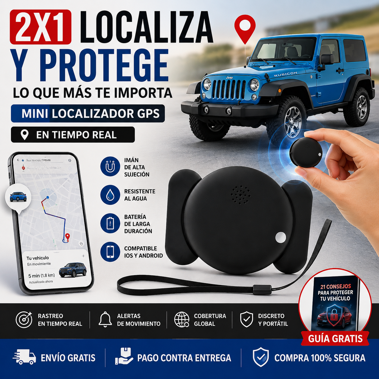 2x1 TrackSafe™ Mini Localizador GPS Magnético para Auto, Moto y Objetos | en Tiempo Real + 🎁 Guía "21 Consejos para Proteger tu Vehículo" + Envío Gratis