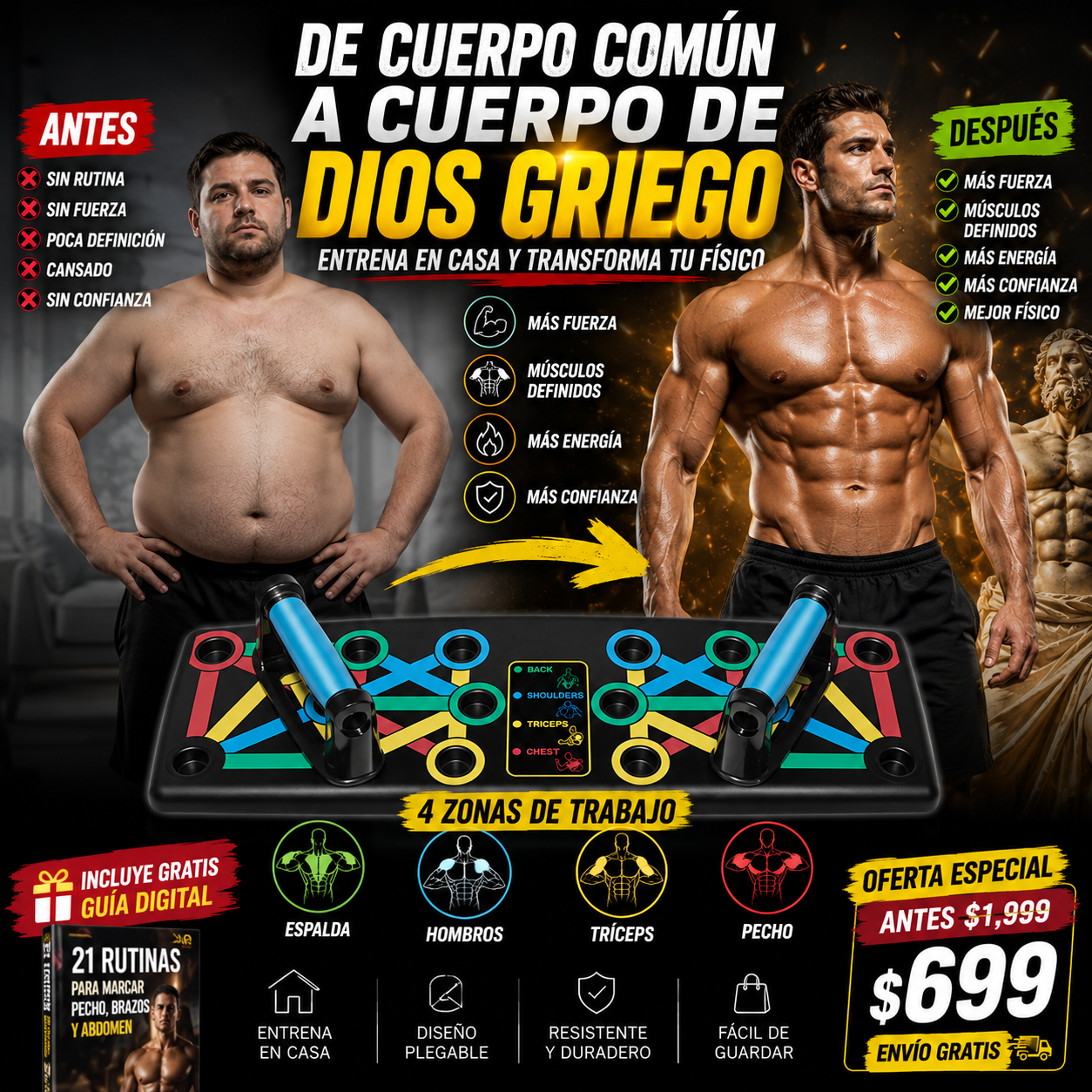 PushMaster™ – Tabla de Flexiones Multifuncional para Cuerpo de Dios Griego Desde Casa | + 🎁 21 Rutinas para Marcar Pecho, Brazos y Abdomen + Envío Gratis