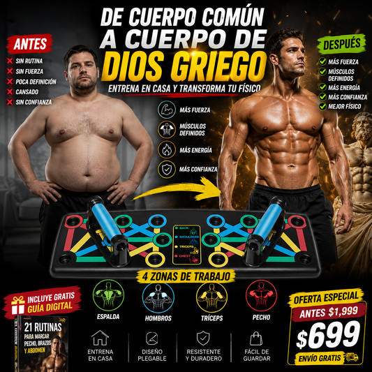 PushMaster™ – Tabla de Flexiones Multifuncional para Cuerpo de Dios Griego Desde Casa | + 🎁 21 Rutinas para Marcar Pecho, Brazos y Abdomen + Envío Gratis