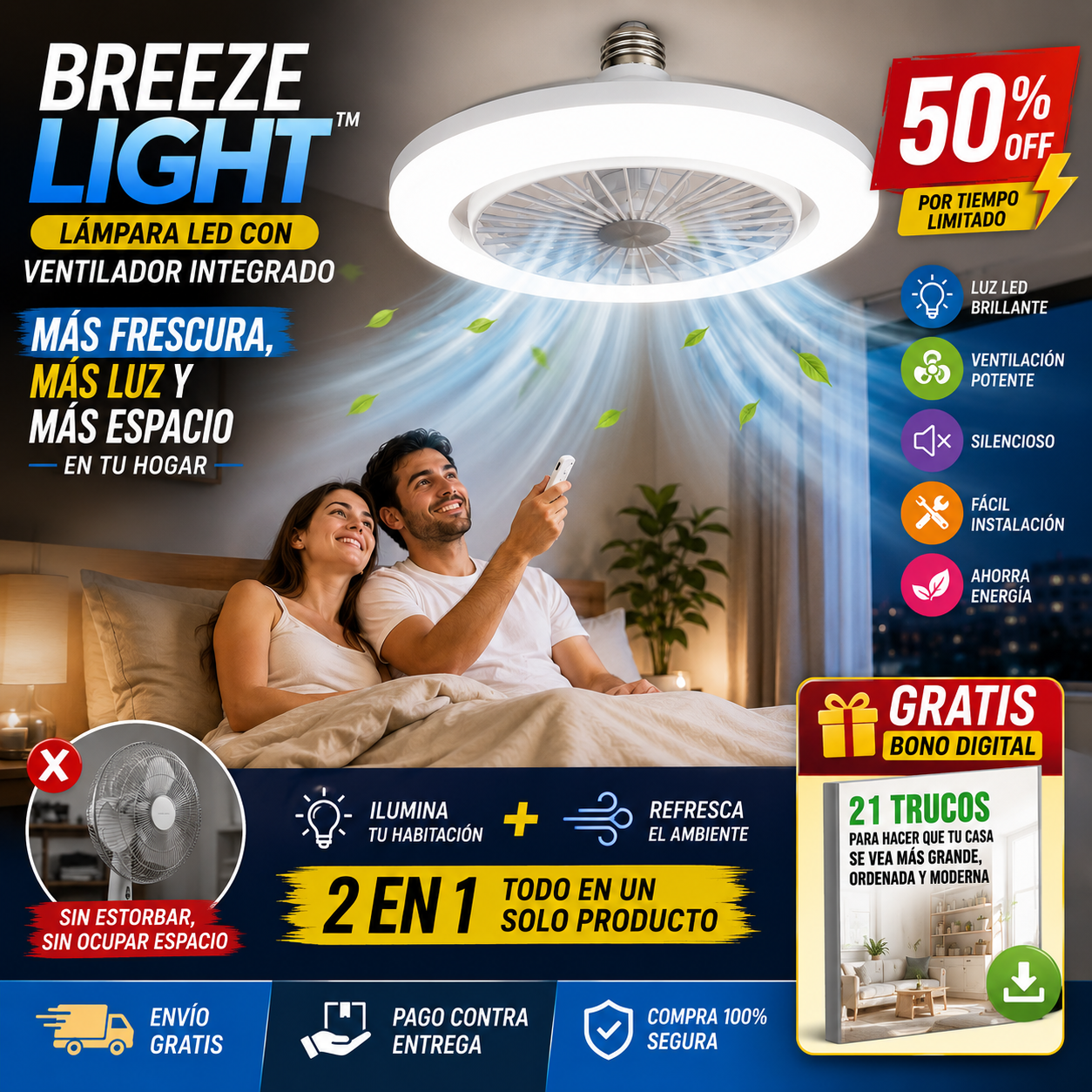 2 en 1 BreezeLight™ – Lámpara LED con Ventilador Integrado + 🎁 "21 Trucos para Hacer que tu Casa se Vea Más Grande, Ordenada y Moderna" + Envío Gratis