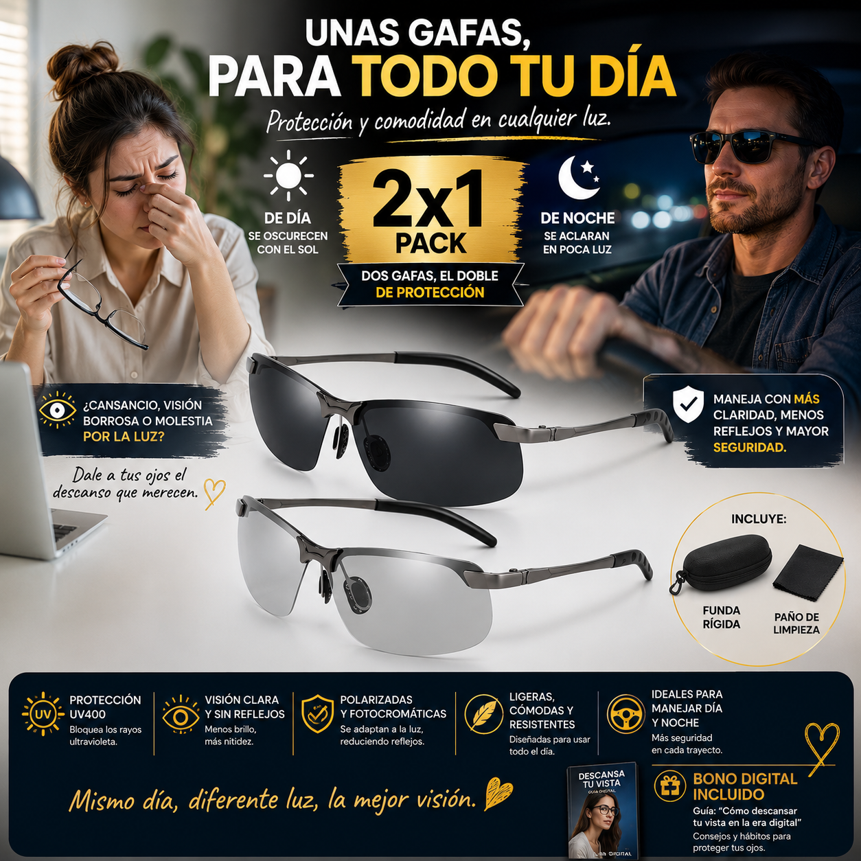 Pack 2x1 VisionPro™  – Gafas Fotocromáticos para Día y Noche | Descansa tu Vista, Maneja con Más Comodidad y Reduce Reflejos + 🎁 Guía “Cómo Descansar tu Vista en la Era Digital” + Envío Gratis