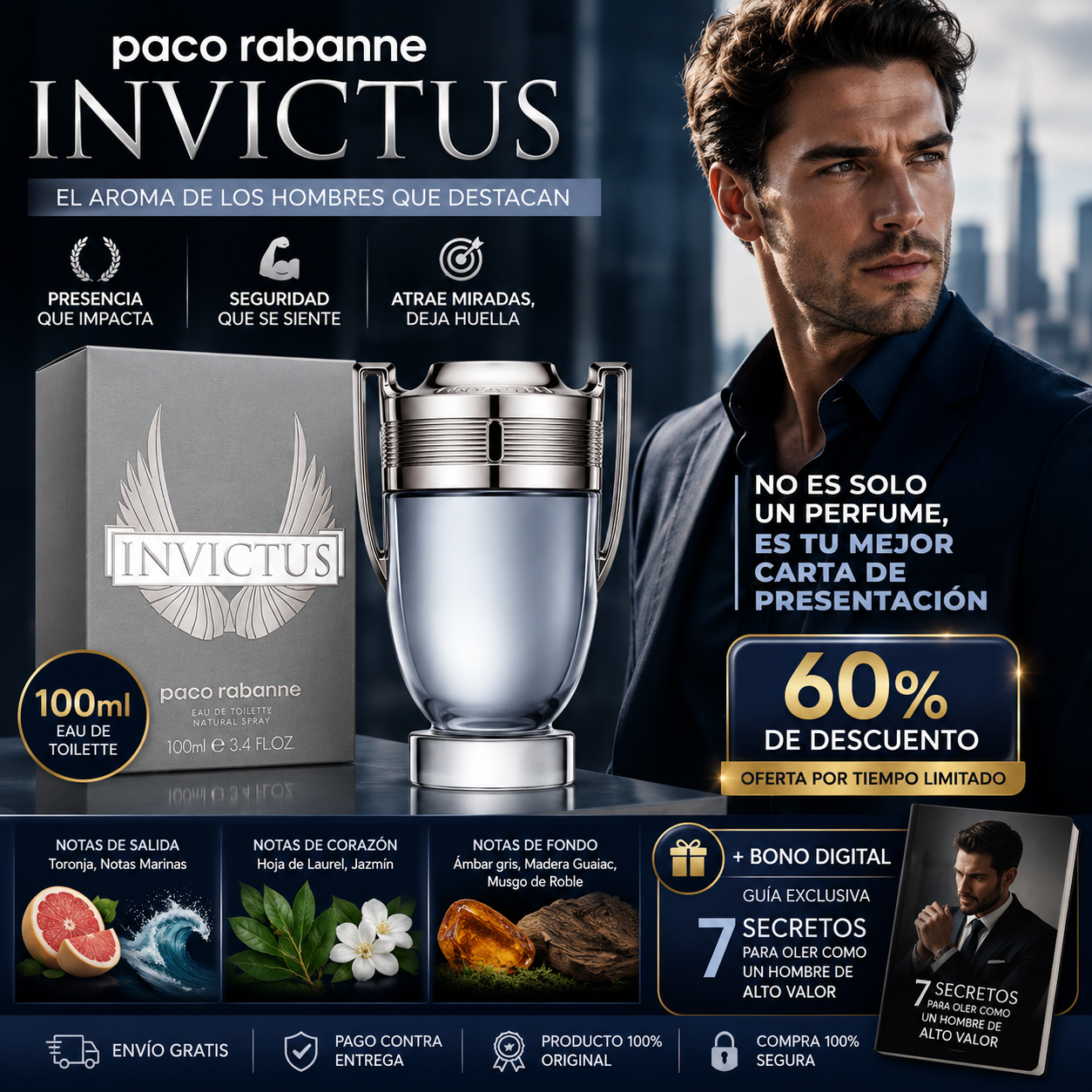 Invictus EDT 100ml – La Fragancia Masculina, Fresca y Adictiva | Presencia, Seguridad y Atracción + 🎁 Guía “7 Secretos para Oler como un Hombre de Alto Valor” + Envío Gratis