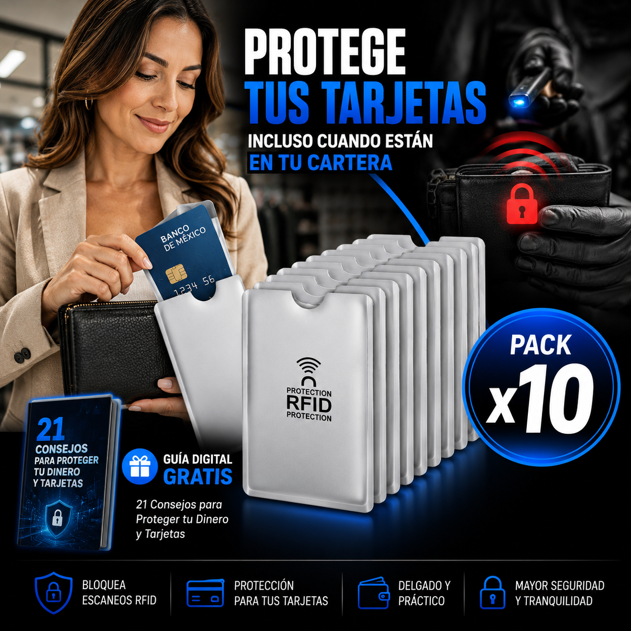Pack x10 CardShield™ Protectores Anti-clonación RFID para Tarjetas + 🎁 Guía “21 Consejos para Proteger tu Dinero y Tarjetas” GRATIS + Envío Gratis