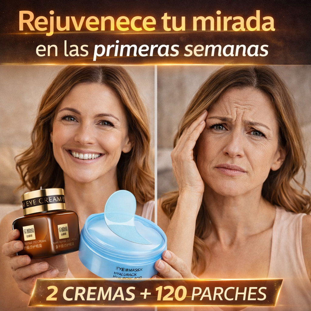Combo 3 en 1 Rejuvenecimiento Total para Ojos – 2 Cremas de Caviar + 120 Parches Ácido Hialurónico + 🎁 Guía 25 Secretos Antiedad + Envío Gratis