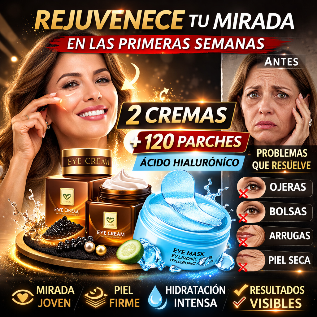 Combo 3 en 1 Rejuvenecimiento Total para Ojos – 2 Cremas de Caviar + 120 Parches Ácido Hialurónico + 🎁 Guía 25 Secretos Antiedad + Envío Gratis