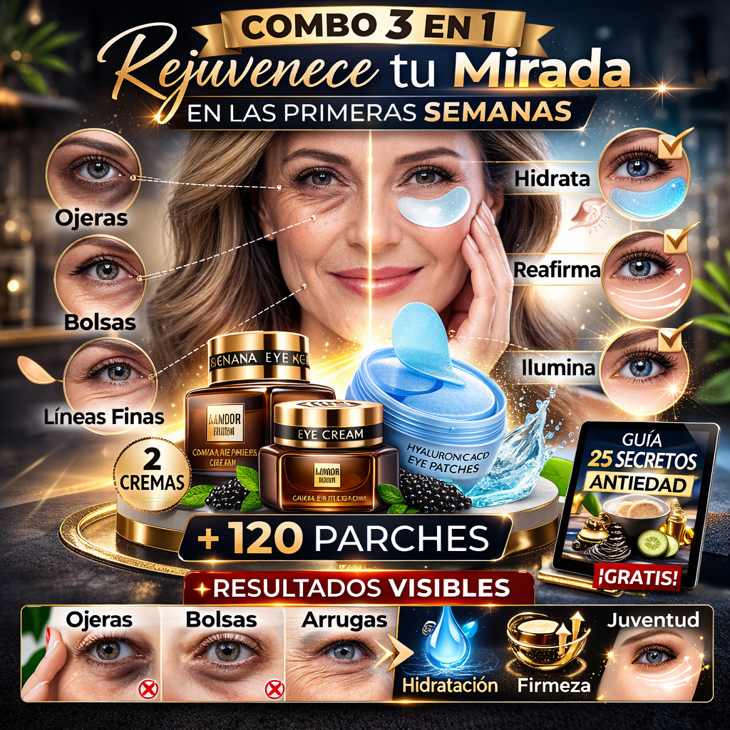 Combo 3 en 1 Rejuvenecimiento Total para Ojos – 2 Cremas de Caviar + 120 Parches Ácido Hialurónico + 🎁 Guía 25 Secretos Antiedad + Envío Gratis
