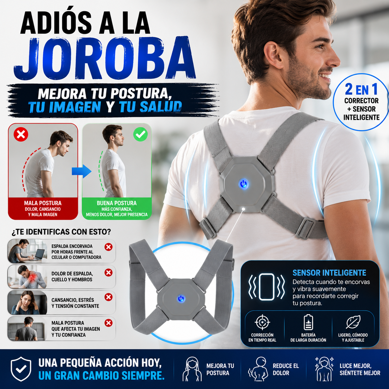 2 en 1 Corrector de Postura Inteligente™ con Sensor | Corrige tu Espalda, Reduce la Mala Postura y Luce Más Seguro + 🎁 Guía "21 Ejercicios para una Espalda Fuerte y una Mejor Postura"+ Envío Gratis