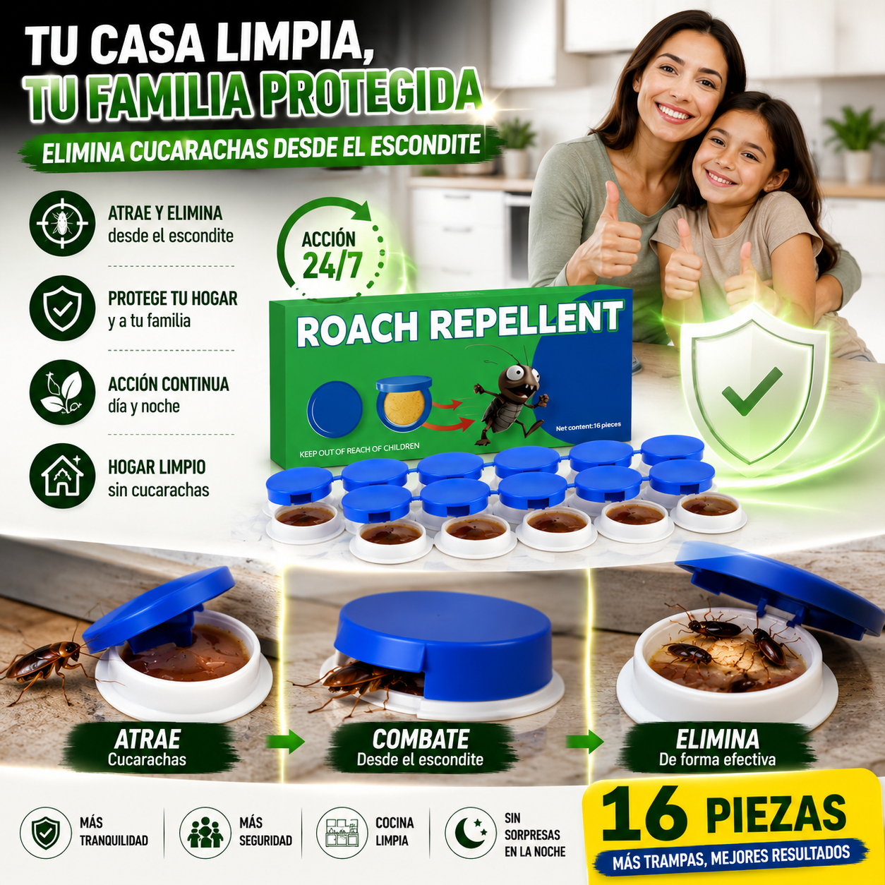 RoachStop™ 16 Piezas – Trampas Mata Cucarachas para Cocina y Hogar + 🎁 “21 Secretos para Proteger tu Familia de Bacterias y Virus del Hogar”+ Envío Gratis