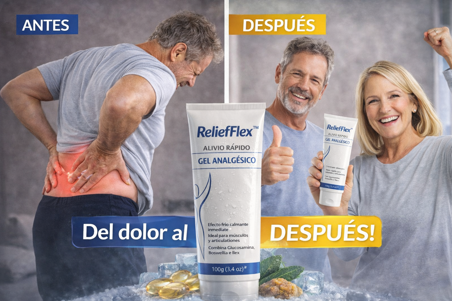 Kit 2 en 1 Gel ReliefFlex™ – Analgésico de Acción Rápida para Dolor Lumbar, Muscular y Articular  + 🎁 Manual de 15 Ejercicios de Movilidad + Envío Gratis