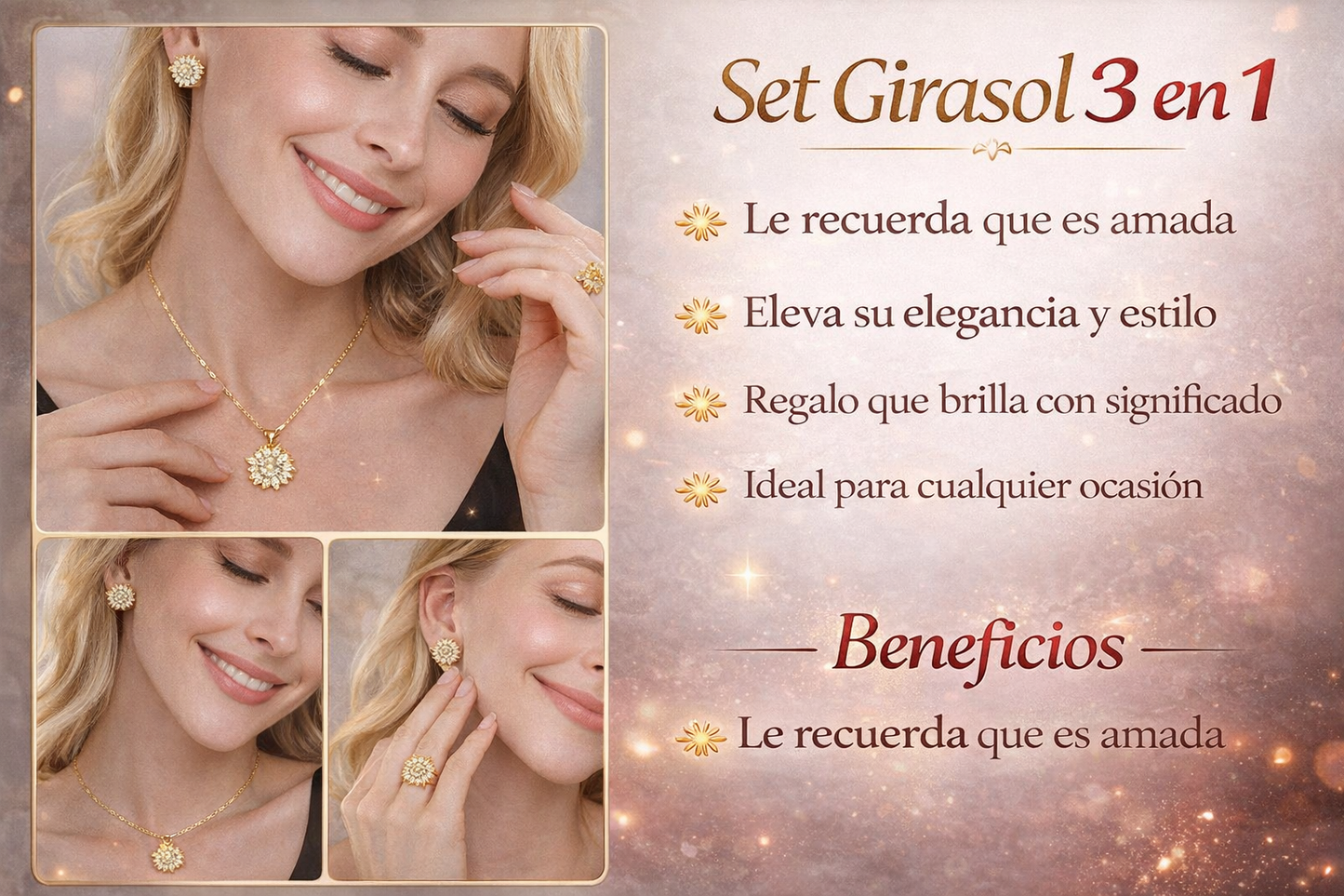 Set 3 en 1 Girasol Oro Laminado 18K (Collar + Anillo + Aretes) | Regalo especial para ELLA + 🎁 GUÍA “25 Secretos para Hacerla Más Feliz” GRATIS + Envío Gratis