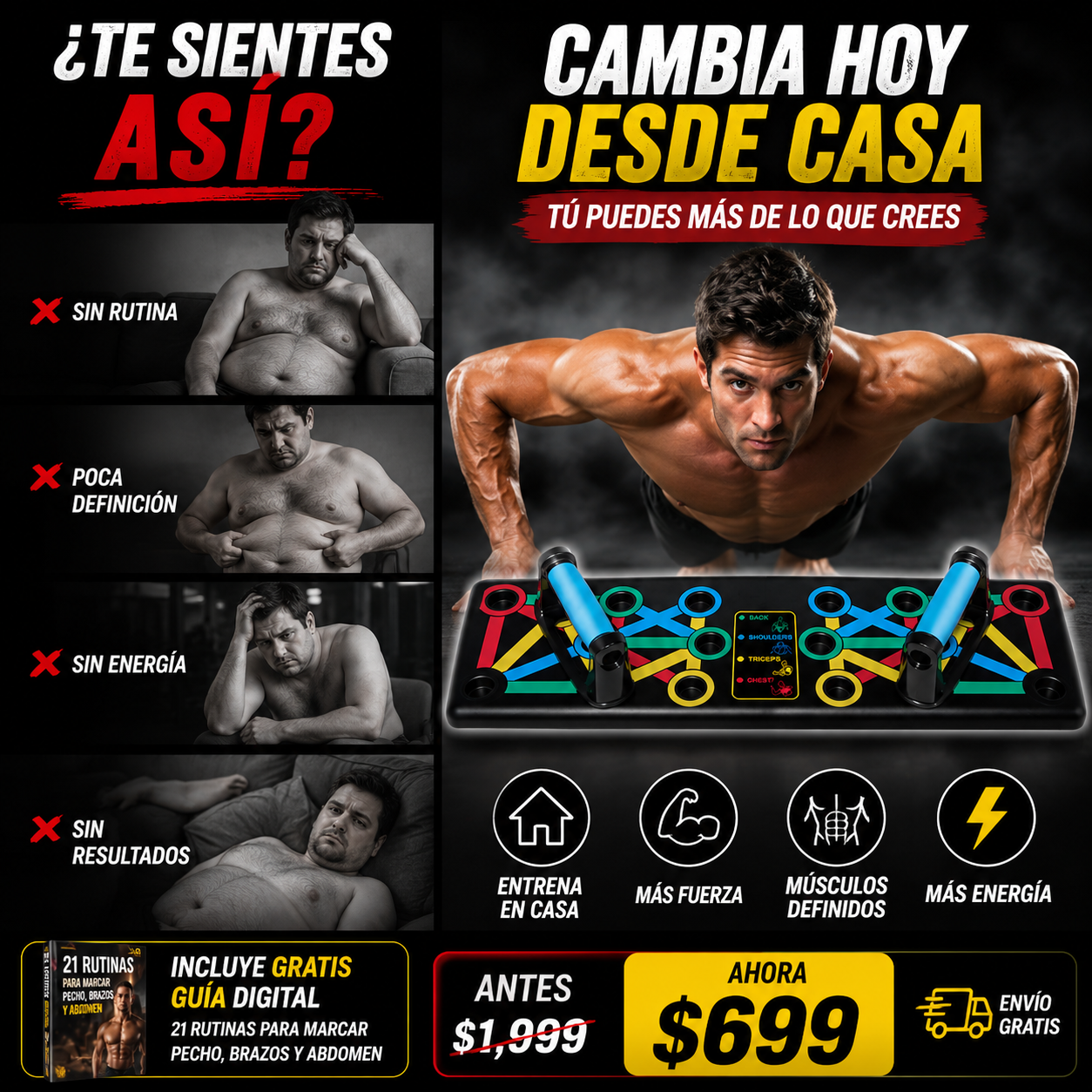 PushMaster™ – Tabla de Flexiones Multifuncional para Cuerpo de Dios Griego Desde Casa | + 🎁 21 Rutinas para Marcar Pecho, Brazos y Abdomen + Envío Gratis