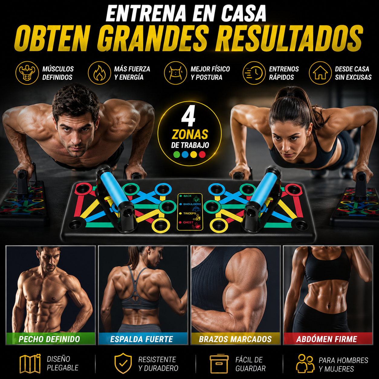 PushMaster™ – Tabla de Flexiones Multifuncional para Cuerpo de Dios Griego Desde Casa | + 🎁 21 Rutinas para Marcar Pecho, Brazos y Abdomen + Envío Gratis