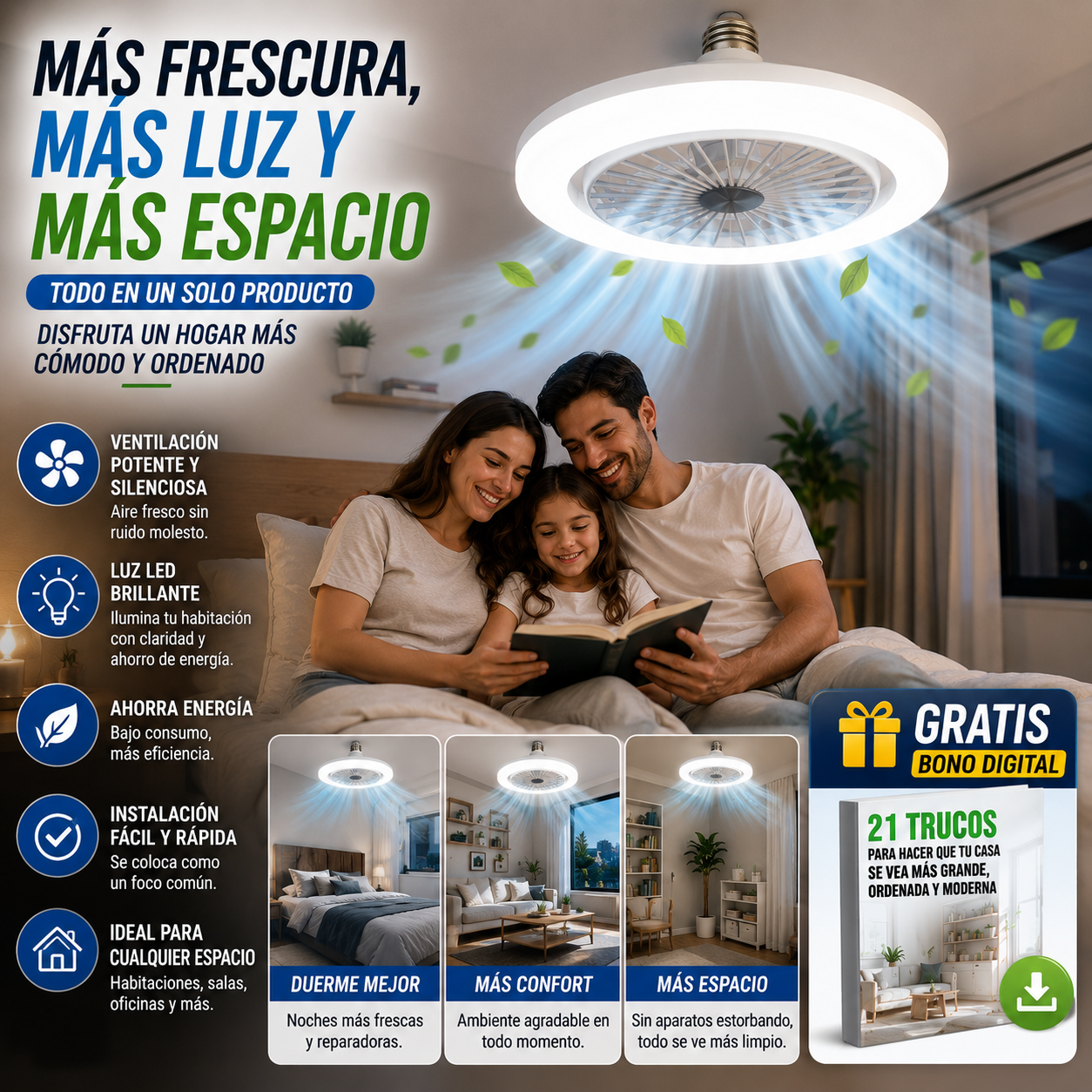 2 en 1 BreezeLight™ – Lámpara LED con Ventilador Integrado + 🎁 "21 Trucos para Hacer que tu Casa se Vea Más Grande, Ordenada y Moderna" + Envío Gratis