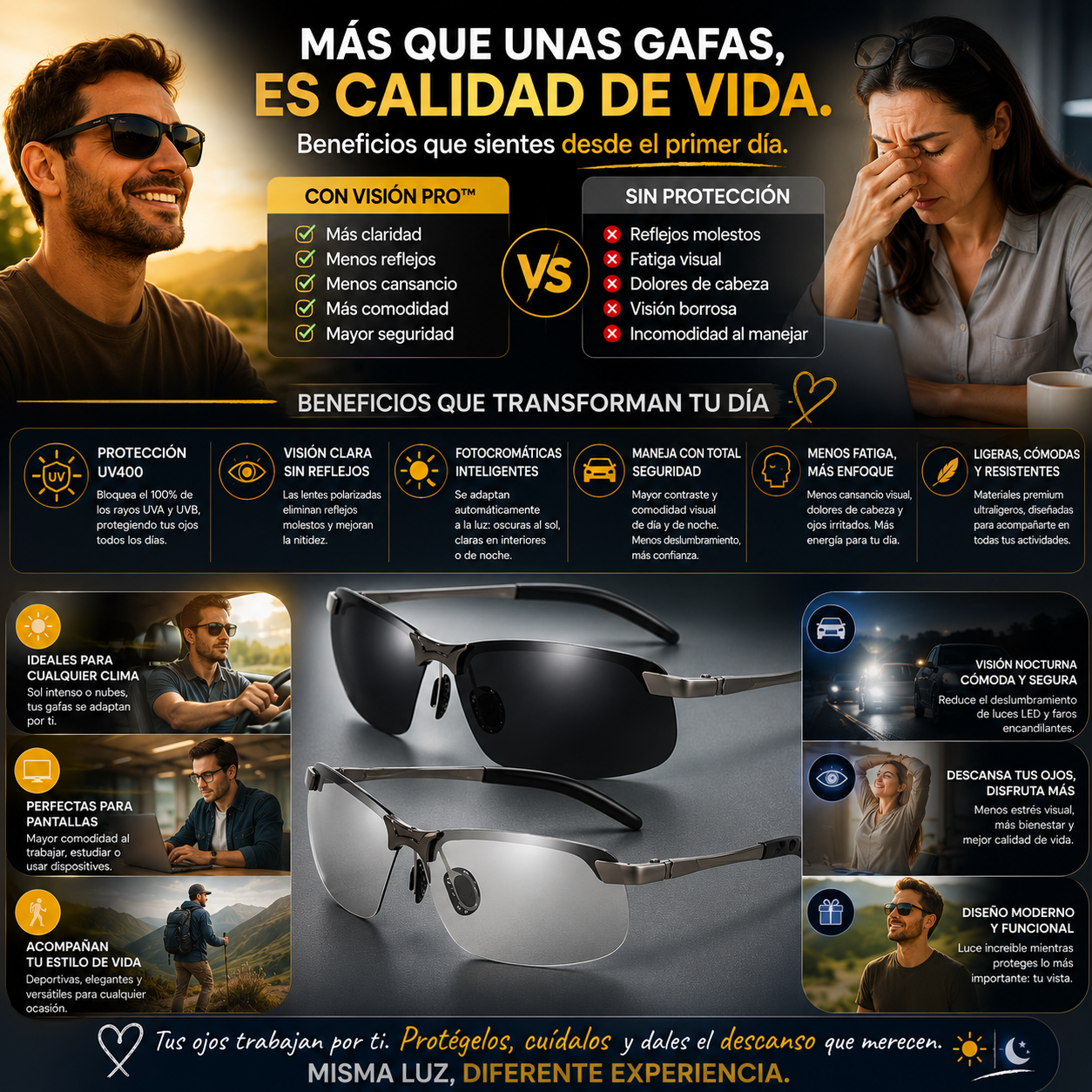 Pack 2x1 VisionPro™  – Gafas Fotocromáticos para Día y Noche | Descansa tu Vista, Maneja con Más Comodidad y Reduce Reflejos + 🎁 Guía “Cómo Descansar tu Vista en la Era Digital” + Envío Gratis