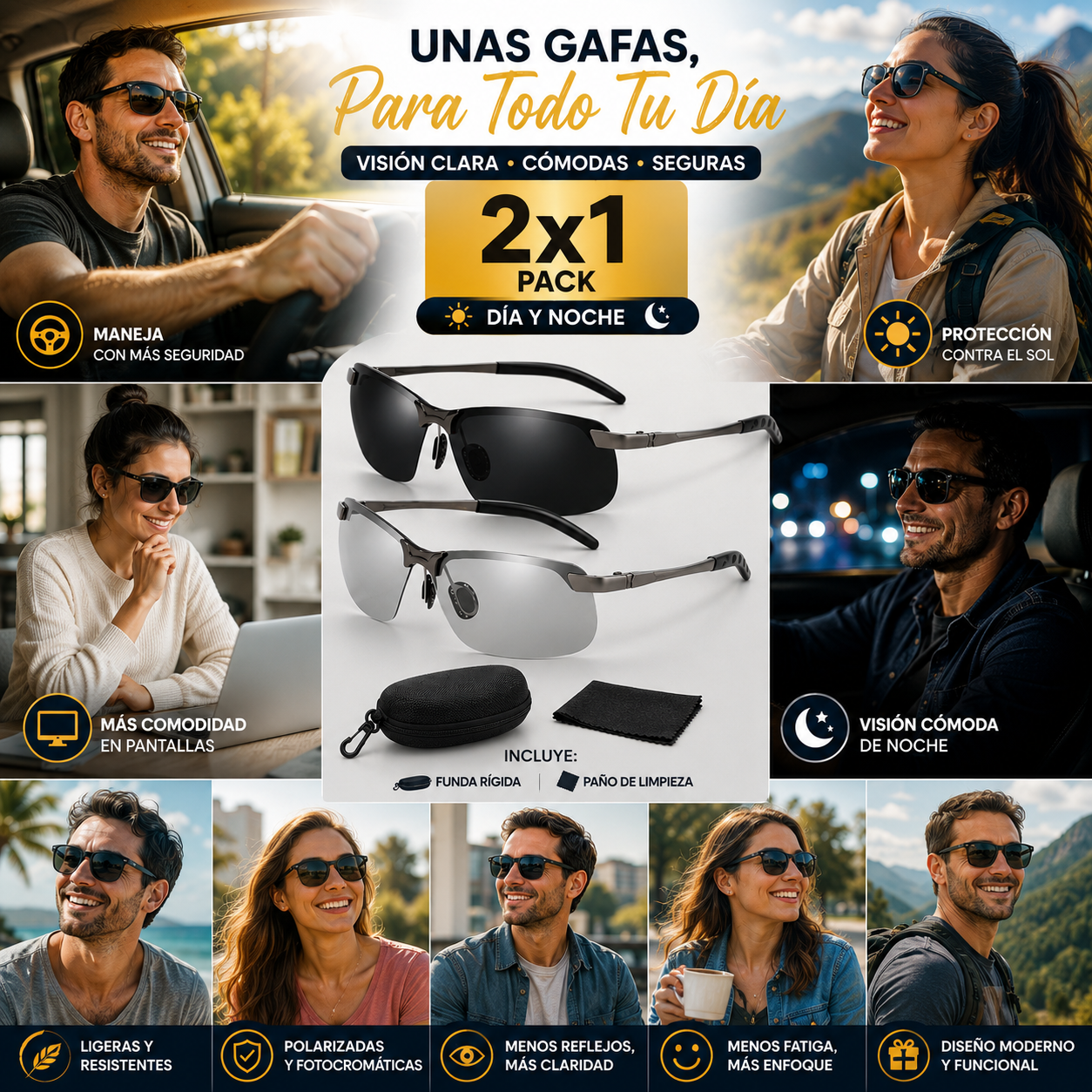 Pack 2x1 VisionPro™  – Gafas Fotocromáticos para Día y Noche | Descansa tu Vista, Maneja con Más Comodidad y Reduce Reflejos + 🎁 Guía “Cómo Descansar tu Vista en la Era Digital” + Envío Gratis
