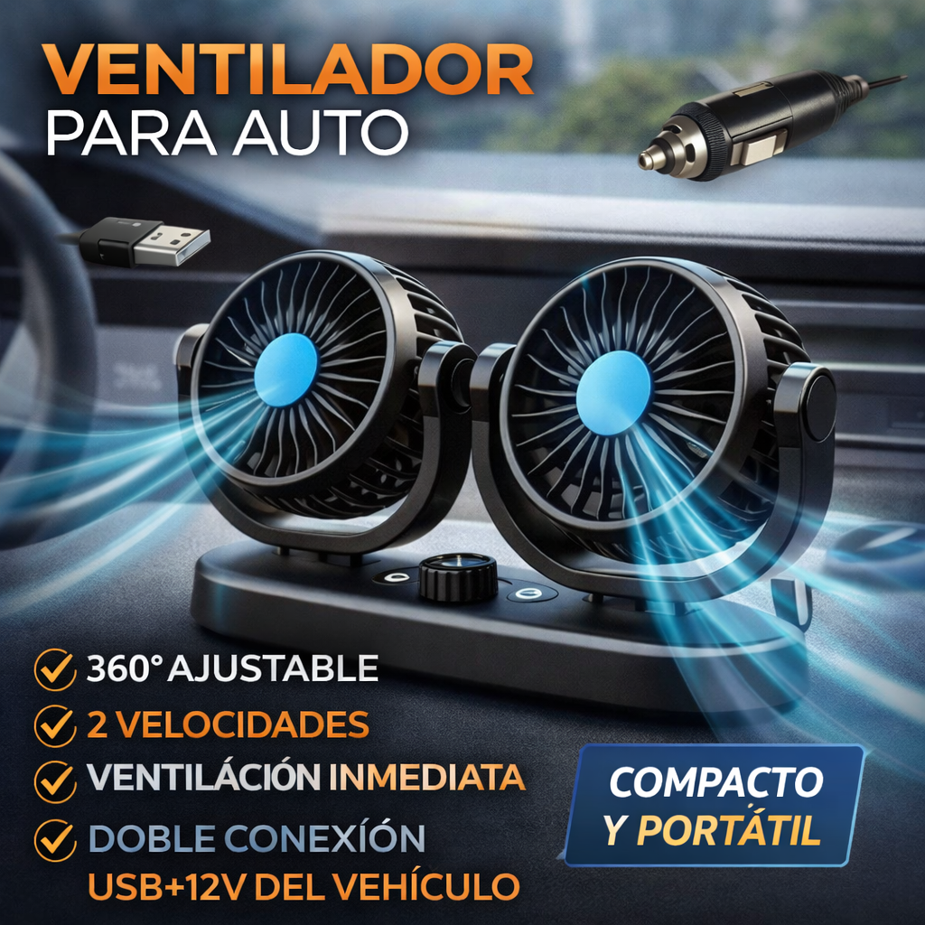 Ventilador Portátil 2 en 1 para Auto 360° – Kit de Enfriamiento USB + 12V | Aire Fresco en Segundos para Viajes y Verano + 🎁 Guía de Supervivencia al Calor en el Auto