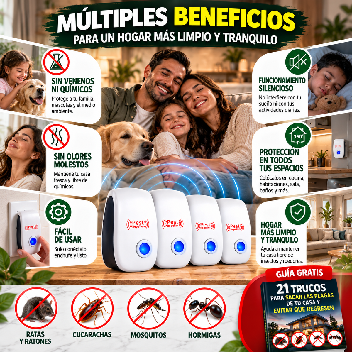 4x1 Repelente Ultrasónico Anti Plagas™ |Para Ratas, Ratones, Cucarachas y Mosquitos +  🎁 Guía “21 Trucos para un Hogar Limpio y Seguro" + Envío GRATIS”