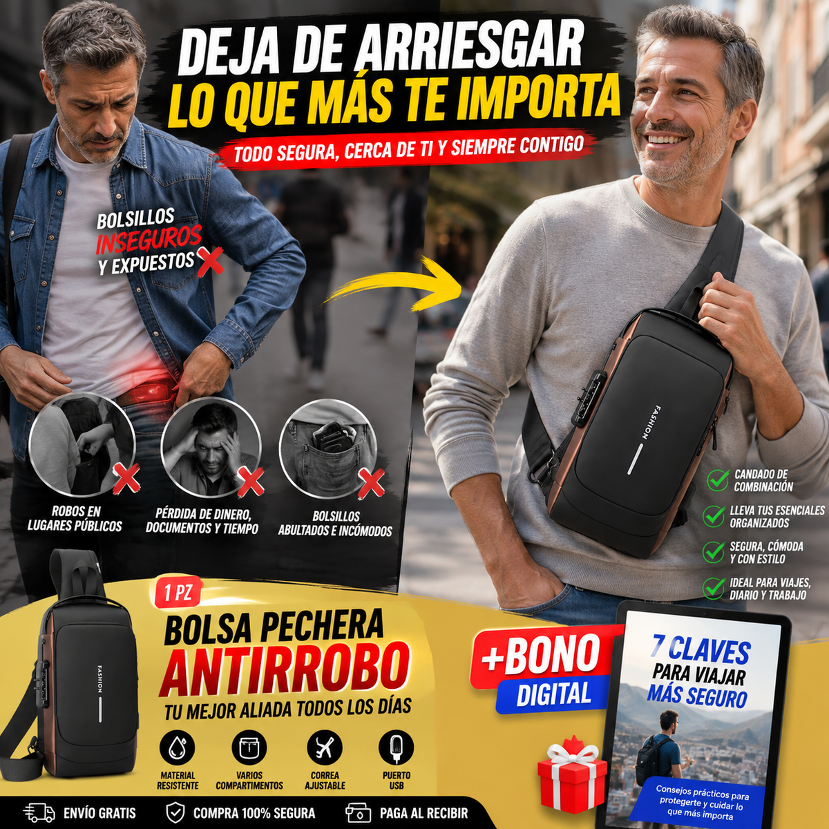 Bolsa Pechera Antirrobo | Protege y Lleva tus Cosas Siempre Contigo + 🎁 Guía “7 Claves para Viajar Más Seguro” + Envío Gratis